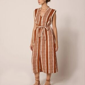 NWT CLEOBELLA Lani Belted Tie Waist Linen Blend Midi Dress In Vecchio Stripe XS